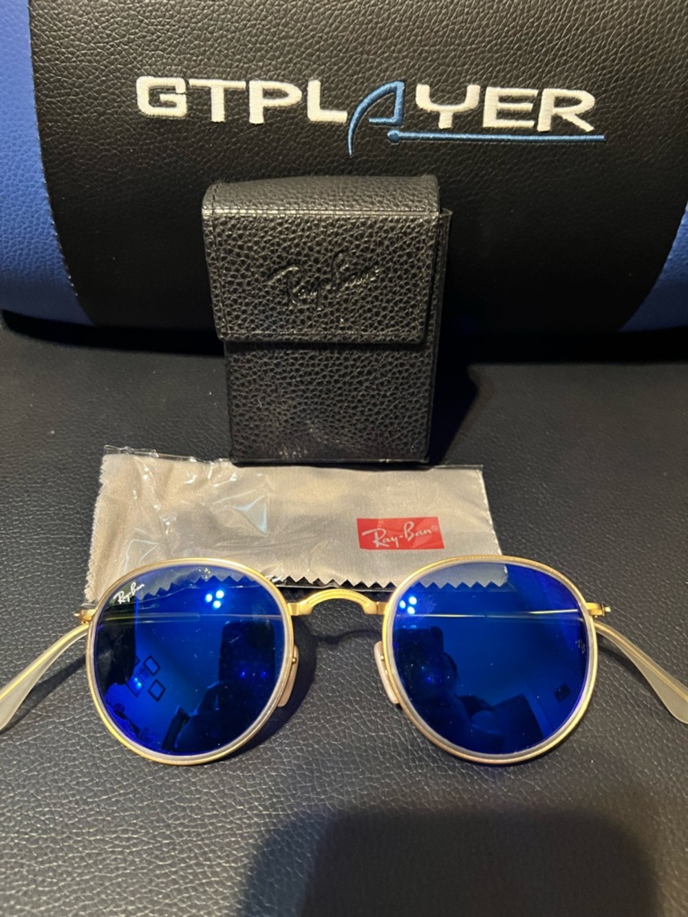 Ray-Ban Men's Round Foldable Sunglasses - Blue Mirrored Lenses, Gold Frame